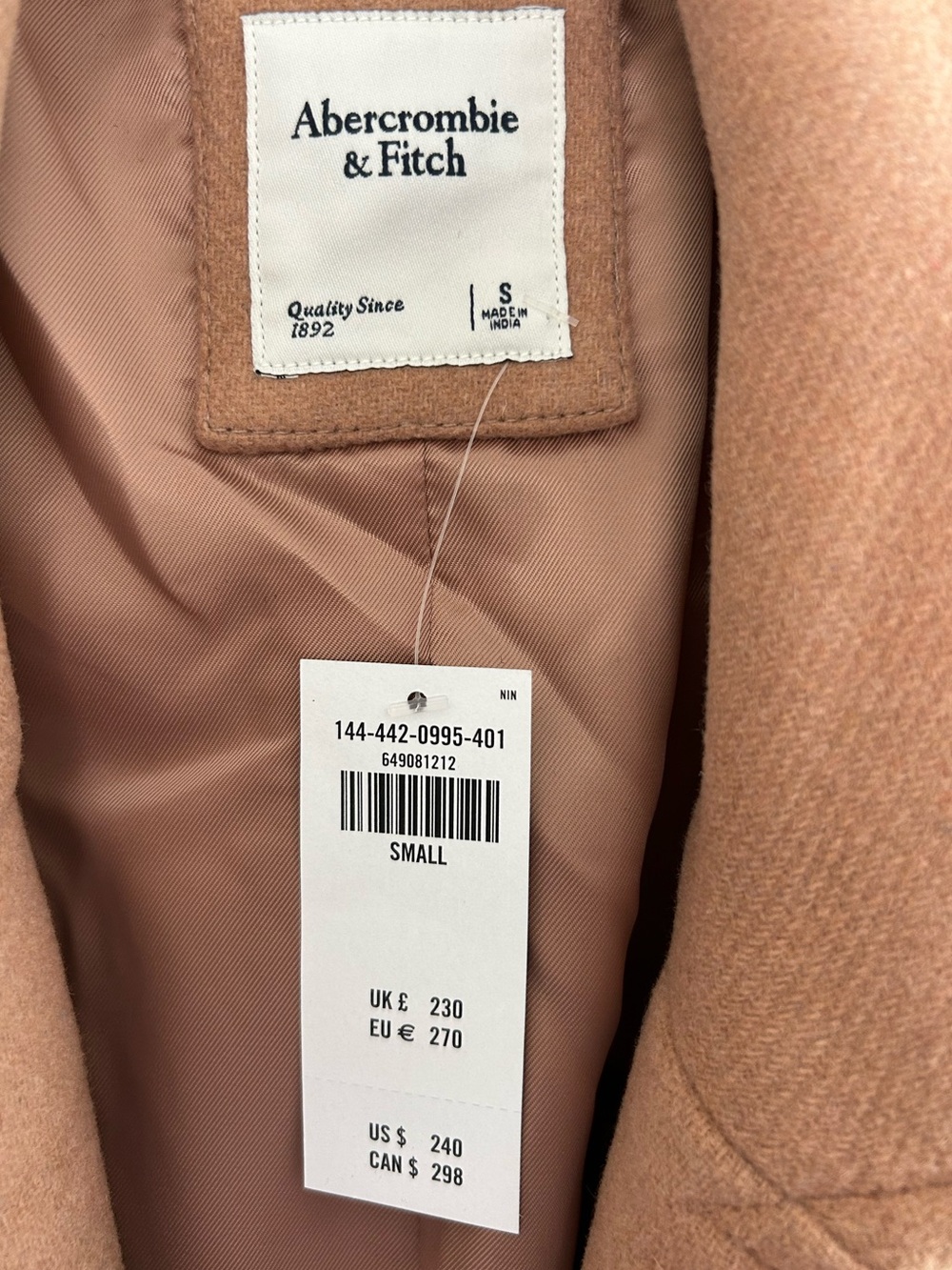 Abercrombie & Fitch Camel Tan Wool-Blend Trench Coat - Picture 2 of 3